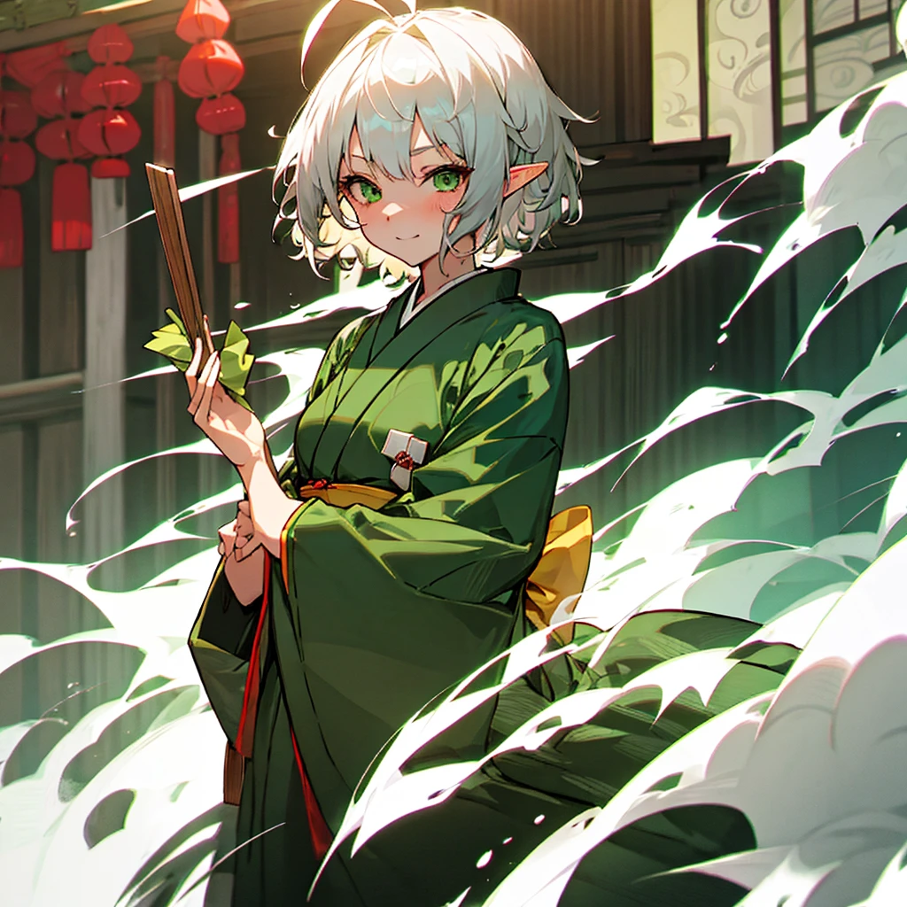 elf, female, silver hair,short hair, medium cut, ahoge, curly hair, green eyes,slender, fair skin, japanese female kimono,  hair Green bow, cool mild Smile, japanese Hotel, japanese doorman, annoyance