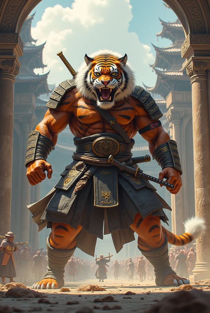 (masterpiece, best_quality, beautiful digital art:1.4), (half-body shot:1.5), ancient anthropomorphic tiger samurai using an ancient samurai armor, photography, beautiful, bokeh temple background, colorful, masterpieces, top quality, best quality, official art, beautiful and aesthetic, realistic, cinematic light, (sharp focus:1.6), highly detailed, ultra realistic, 8k