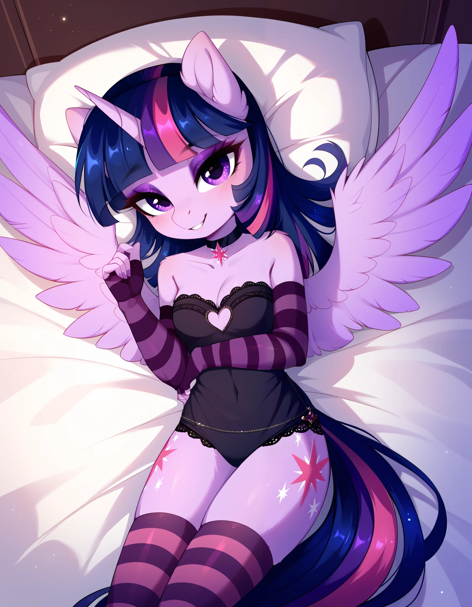 score_9, score_8_up, score_7_up, source_pony, rating_safe, magnaluna,, ((anthro)), twilight sparkle laying her bed in her bedroom in the middle of the night, solo, unicorn horn, pink and purple striped thighhighs, pink and purple striped fingerless elbow gloves, tail, choker, purple fur, eyeshadow, mascara, fluffy fur, spread wings, seductive look, blushing, thin, SparkleXL,