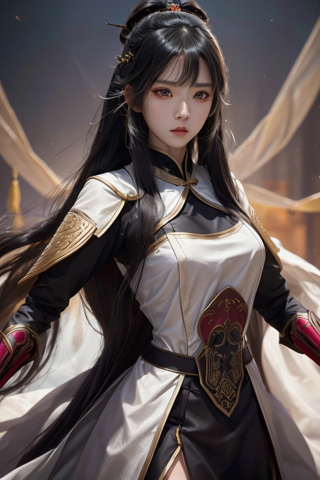 one young female, wearing chinese armor, long straight hair, hair bangs, black hair, black eyes, dilated pupils, light makeup, determined expression, three kingdoms period, petite, delicate, beautiful, nime, cinematic lighting, upper body shot, UHD, retina, masterpiece, accurate, anatomically correct, textured skin, super detail, high details, high quality, award winning, best quality, high resolution