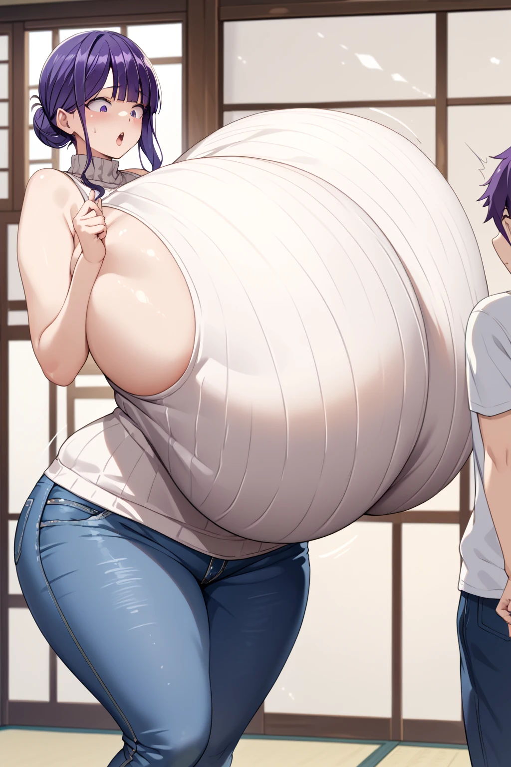 1 girl, kujo yukie, purple hair bun, background Japanese style room, ((gigantic breast)), breast expansion, Body curves, Sleeveless knitted sweater, Jeans, Slim body, Plump, Perverted face, Right hand supports chin