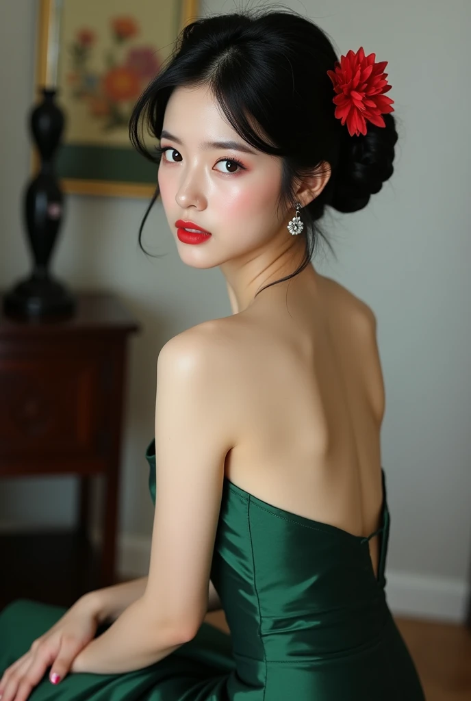 1girl,bare shoulders,black hair,breasts,cleavage,collarbone,dress,earrings,flower,green dress,hair bun,hair flower,hair ornament,hands on lap,jewelry,lips,lipstick,looking at viewer,makeup,medium breasts,nail polish,red flower,red lips,short hair,sitting,small breasts,solo,strapless,strapless dress,v arms