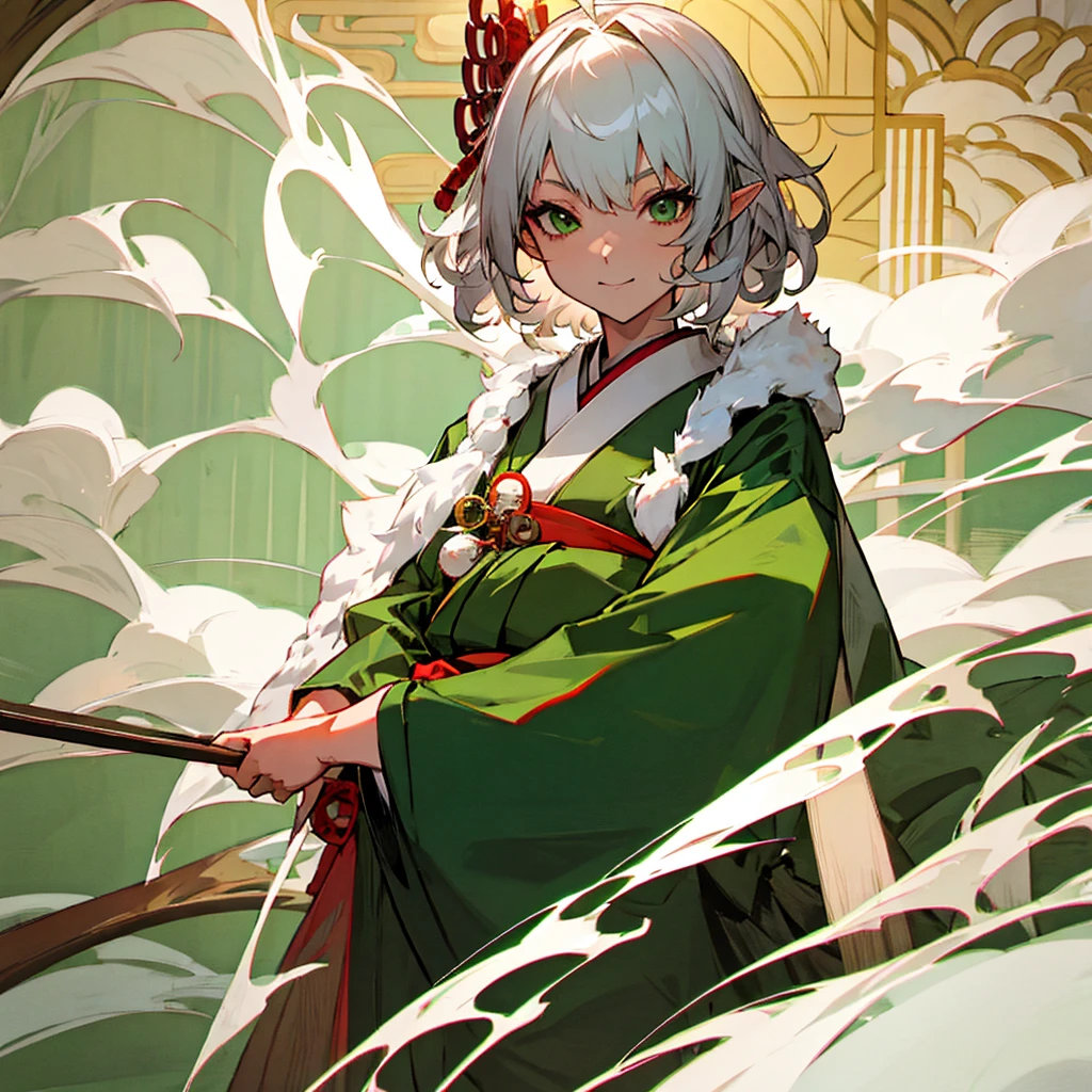 elf, female, silver hair,short hair, medium cut, ahoge, curly hair, green eyes,slender, fair skin, japanese female kimono,  hair Green bow, cool mild Smile, japanese Hotel, japanese doorman, annoyance