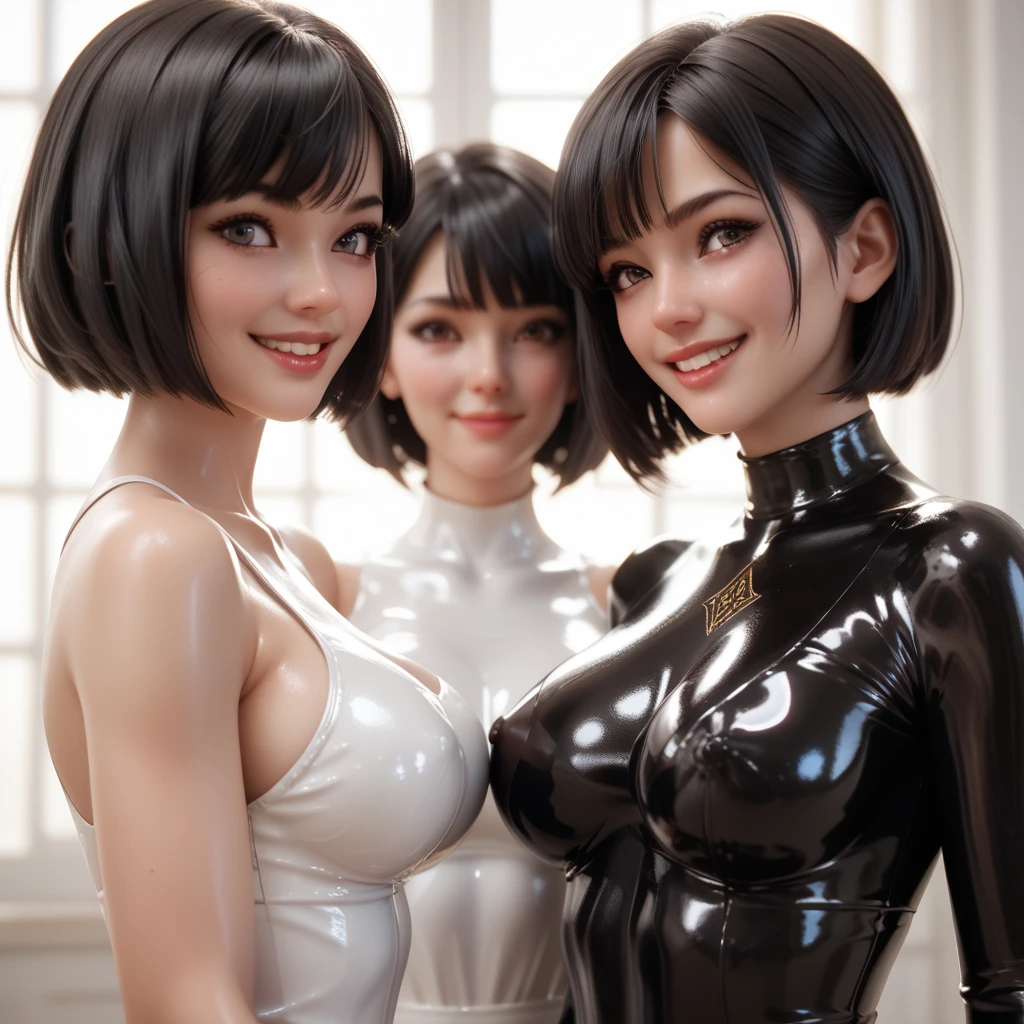 4 girls, in extremely tight shiny latex blouse , smile, Lens reflection, Reflected light, Breasts, bob cut, shiny hair,  black hair, 