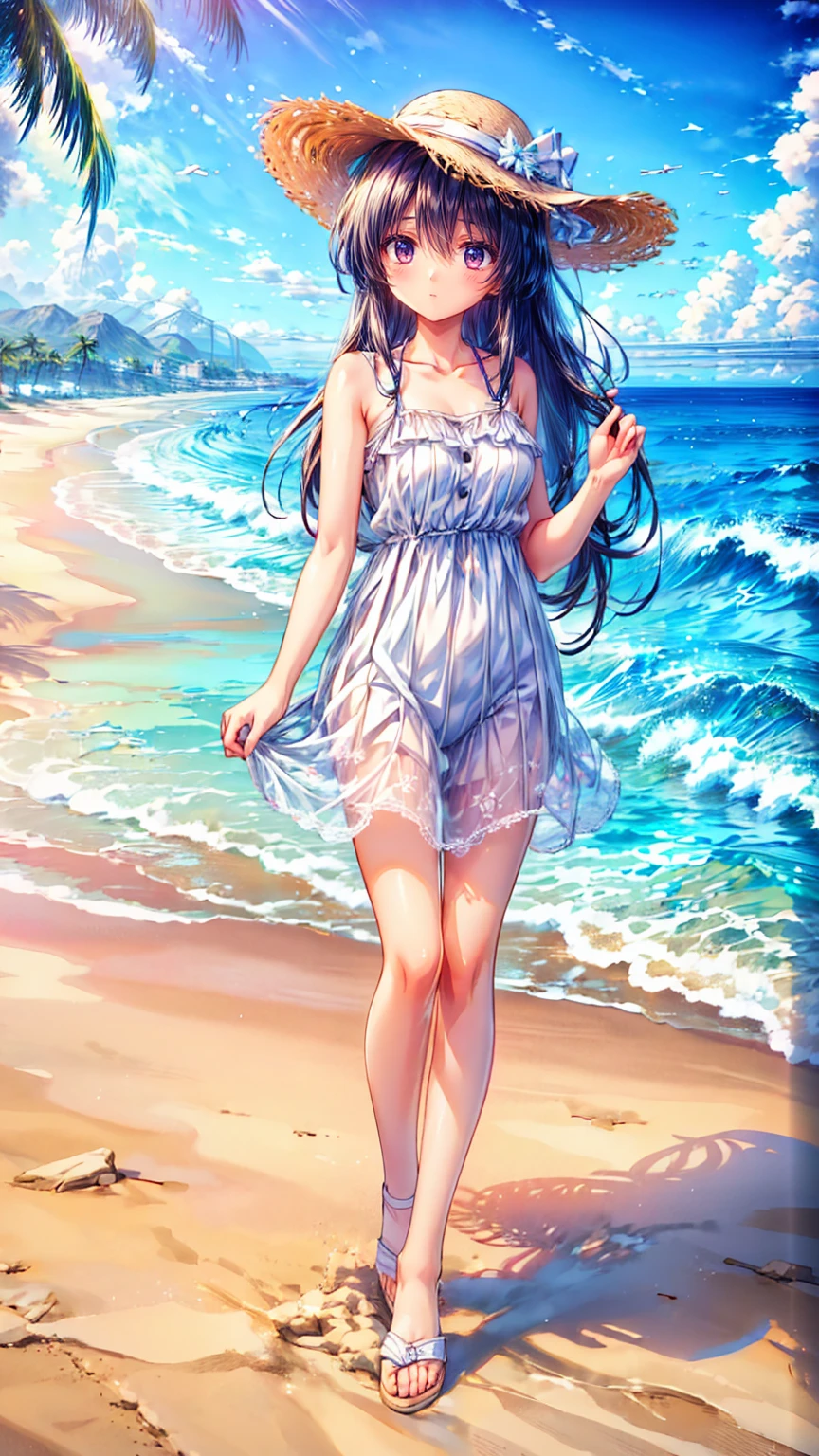 (masterpiece, best quality,8k, super detailed:1.3), Composition from head to toe,  full body view, Girl is standing on the beach , perfect face,Perfect Eyes,Anime Style, black hair, white dress, straw hat,Gentle Breeze,Swinging Hair, hold down the  straw hat with your hand,  tiny breasts ,Blue Sea, blue sky, white sand beach with the sea in the background, bright 