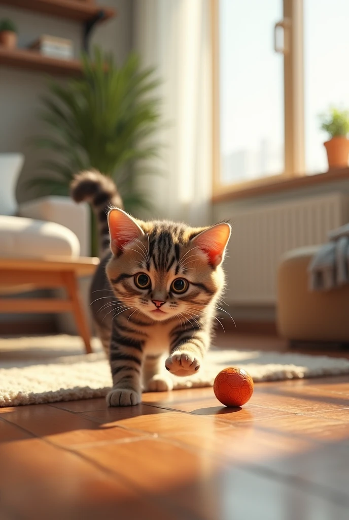 realistic image of Darcy the cat playing with his ball in an apartment