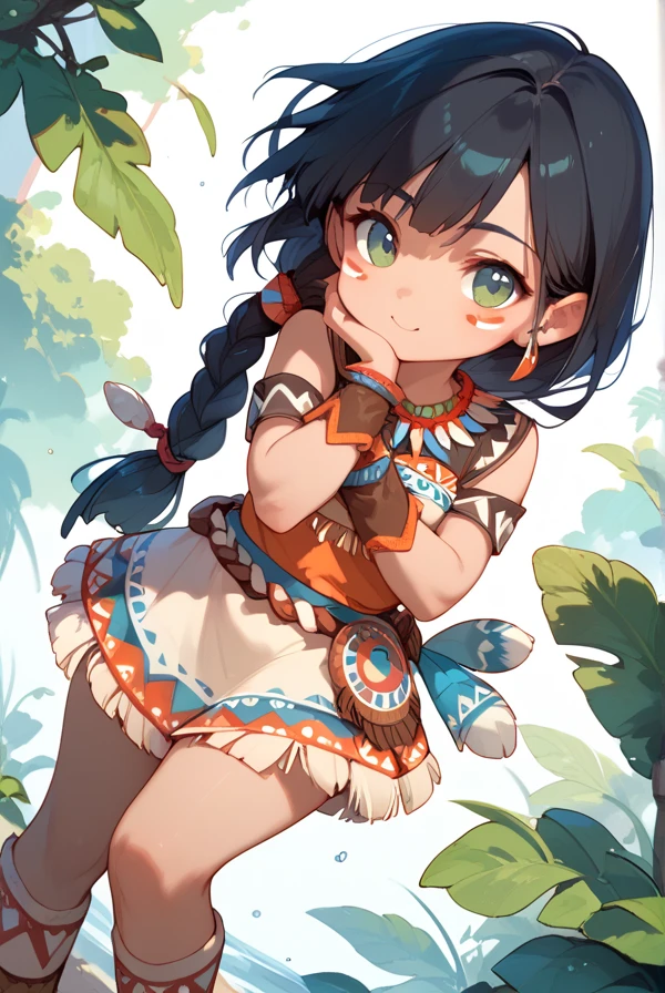 Chibi character, two-dimensional, cute, black hair, Native American clothing