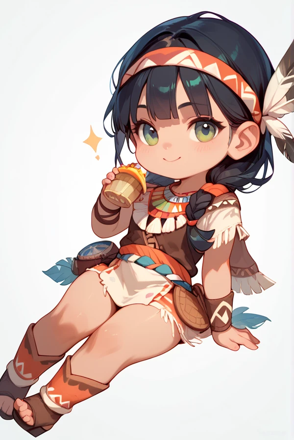 Chibi character, two-dimensional, cute, black hair, Native American clothing