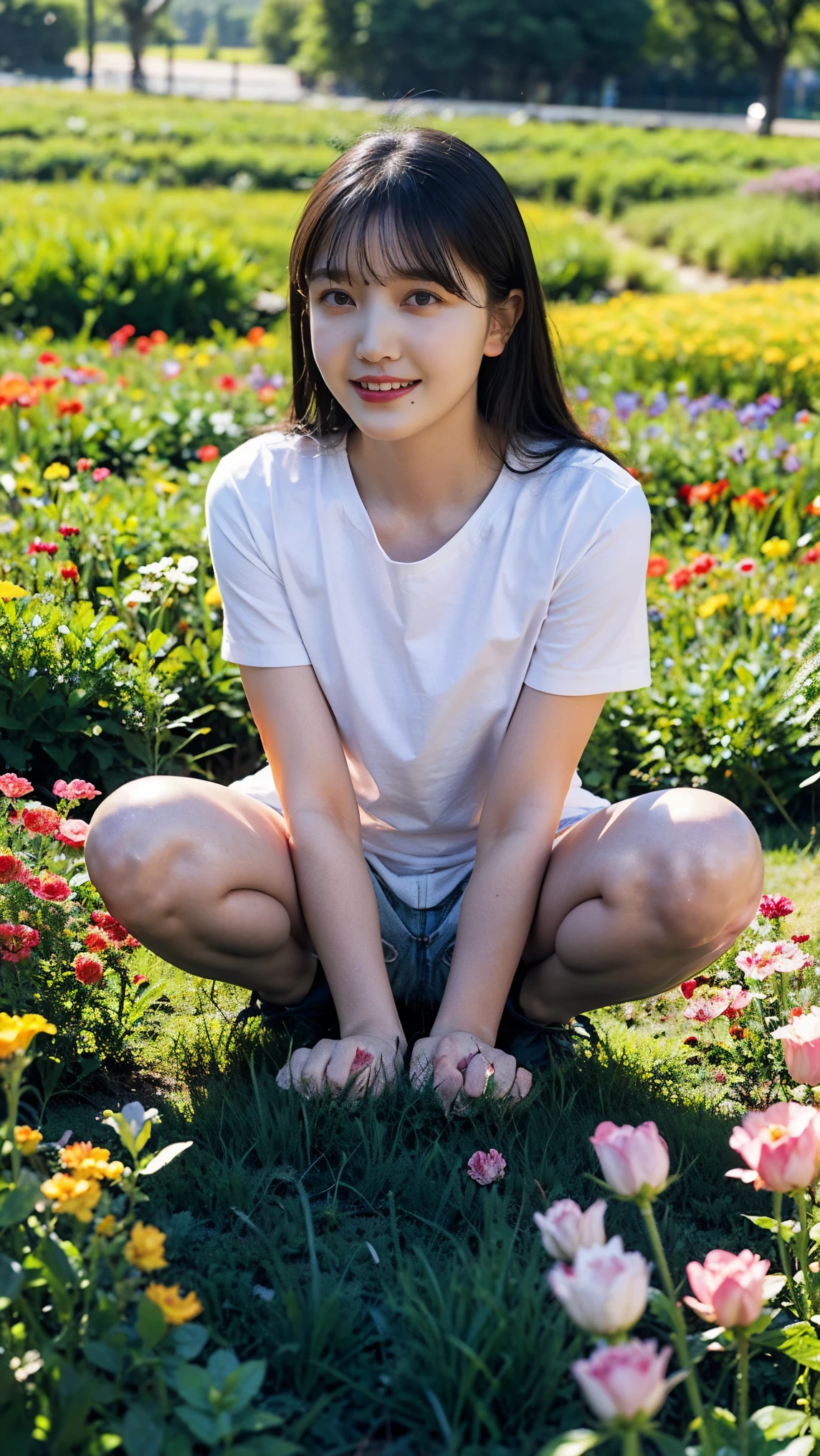 masterpiece, japanese, a beautiful girl, 13 yeatiful face, smile, look at the camera, straw hat, Wearing shorts and T-shirt, white sneakers. Wearing tops and shorts, flowers, portrait, casual pose, thin legs, solo,