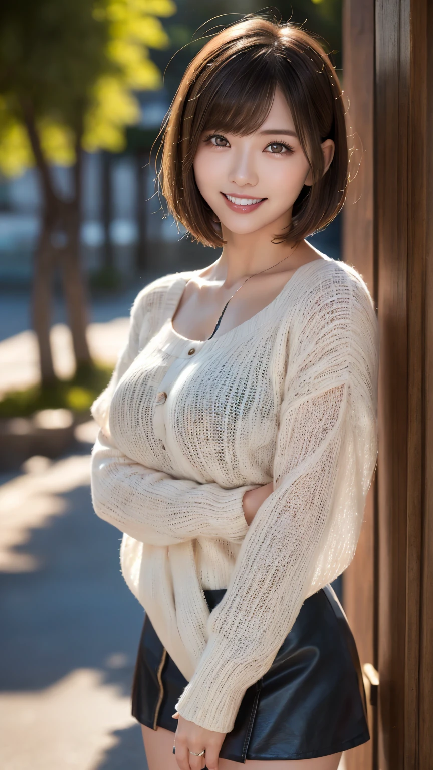 (8k RAW photo, Best Quality), ((masutepiece)), 超A high resolution, Film grain, filmg,( 20yr old, Slender face, 1girl in, long eyelashes, Eye Highlights), Natural Skin Texture, A perfectly proportioned face, realistic eyes and face details, lip stick, (makeup),((Long sleeve knit, Denim pants)), Red eyeshadow, Perm Hair, Fluffy short hair, hair messy, Smile, closes mouth, Beautiful legs, Tall lady, skinny, slim_Legs, Solo, cleavage of the breast, Ass,(chee), (Detailed background), huge-breasted, Blurry background, Blurry, Brown hair, Bangs, a necklace, Parted lips, depth of fields