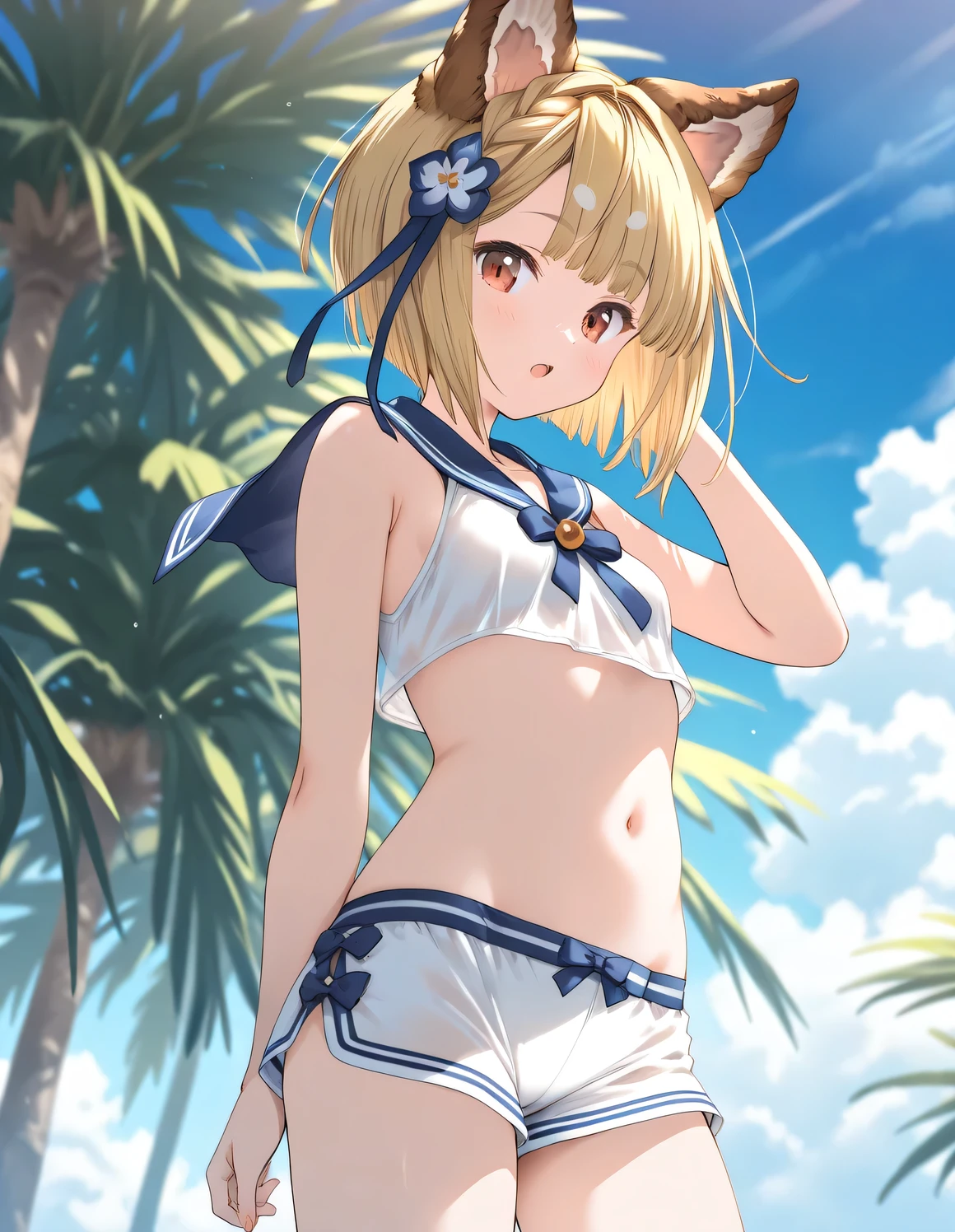 1girl, vajra_(granblue_fantasy), little female, short hair, blonde hair, dog ears, brown eyes, beautiful detailed eyes, small breasts,sailor crop top, bikini shorts, open mouth, outdoors, wind, game CG break,((artist:shida_kazuhiro)),(artist:mitsumi_misato),(artist:fujiyama),,(masterpiece), (best quality), (ultra-detailed), very aesthetic, newest, beauty illustration,super detailed skin,  (masterpiece), (best quality), (ultra-detailed), very aesthetic lighting,hi res,absurd_res,2023,2024,(shaded),digital media (artwork), realistic lighting, 4k, 8k,