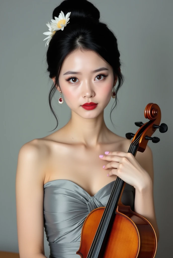 1girl,bare arms,bare shoulders,black hair,breasts,brown eyes,cleavage,collarbone,dress,earrings,eyelashes,flower,hair bun,hair flower,hair ornament,hair stick,hand on own chest,instrument,jewelry,lips,lipstick,looking at viewer,makeup,photo \(medium\),realistic,red lips,short hair,solo,strapless,strapless dress,upper body