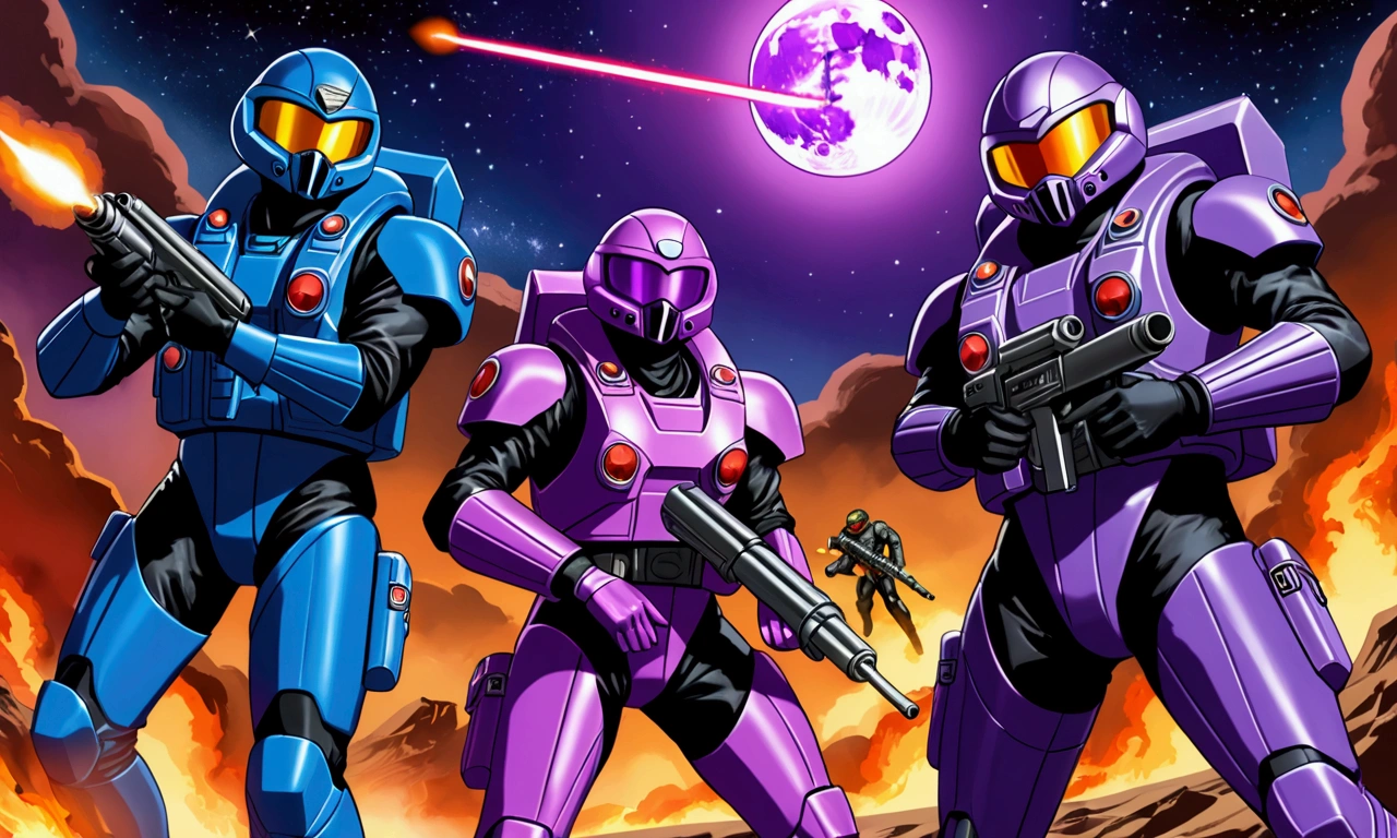 G.I. JOE Space Commandos (80s scifi space battle suits with rocket jet packs and using big guns) have a fire fight assaulting the COBRA moon base defended by evil agents (blue and purple color scheme, laser weapons, COBRA emblems), battle for the moon, chaotic battle, good vs. evil (priority, zoom far enough out to see the COBRA moon base)