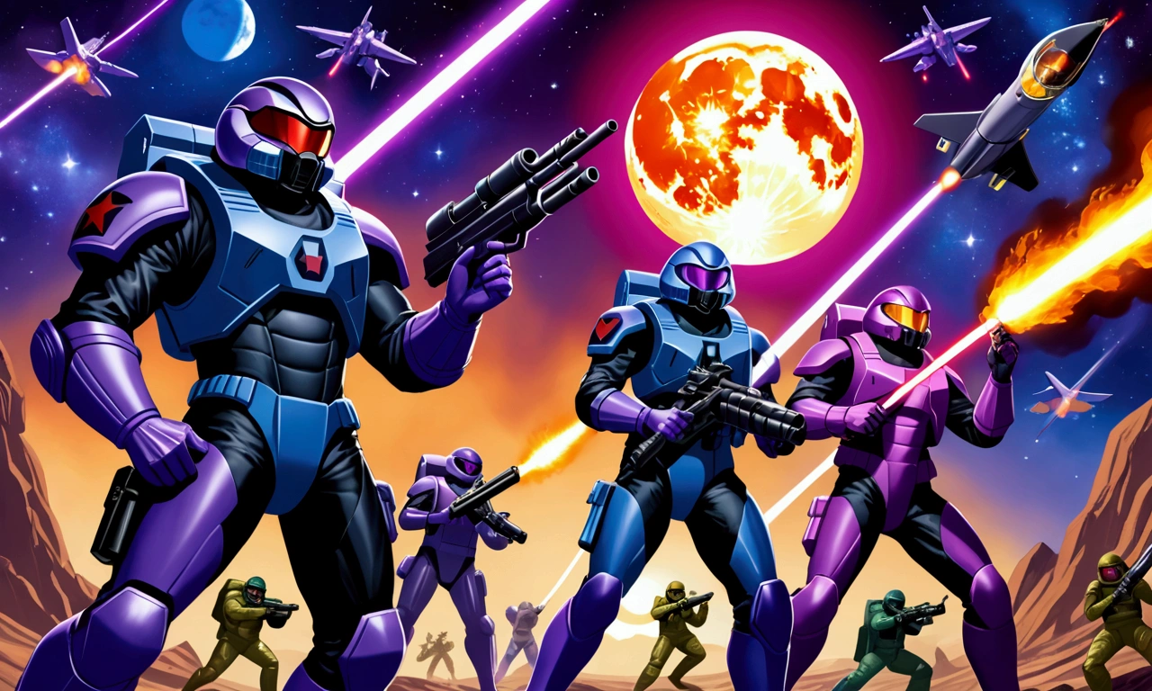 G.I. JOE Space Commandos (80s scifi space battle suits with rocket jet packs and using big guns) have a fire fight assaulting the COBRA moon base defended by evil agents (blue and purple color scheme, laser weapons, COBRA emblems), battle for the moon, chaotic battle, good vs. evil (priority, zoom far enough out to see the COBRA moon base)