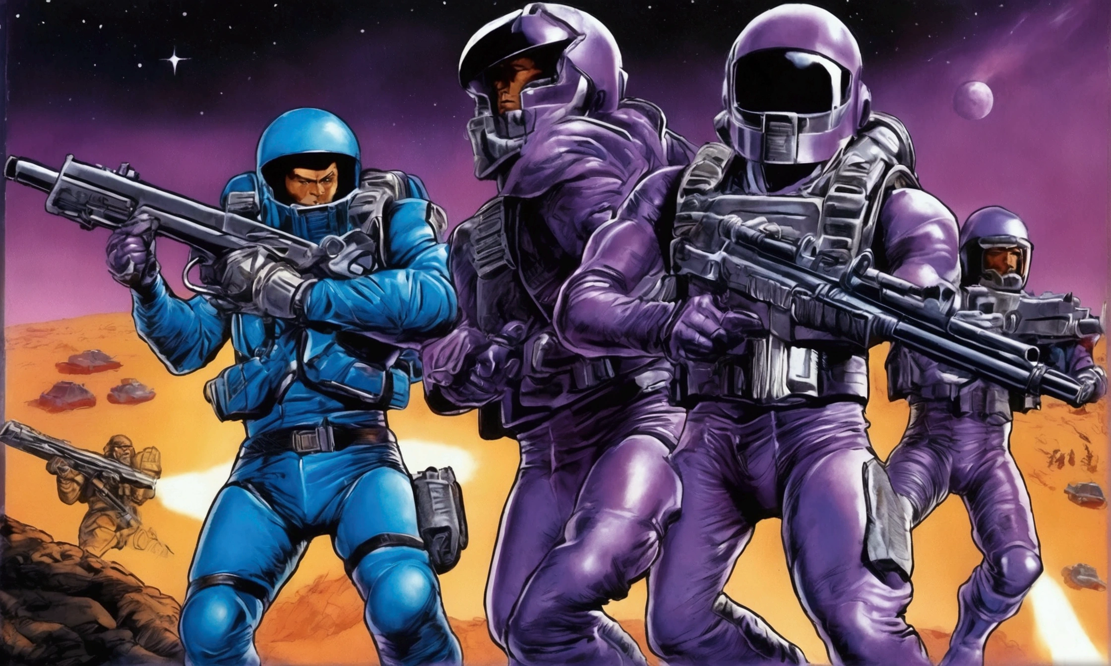 G.I. JOE Space Commandos (80s scifi space battle suits with rocket jet packs and using big guns) have a fire fight assaulting the COBRA moon base defended by evil agents (blue and purple color scheme, laser weapons, COBRA emblems), battle for the moon, chaotic battle, good vs. evil (priority, zoom far enough out to see the COBRA moon base)