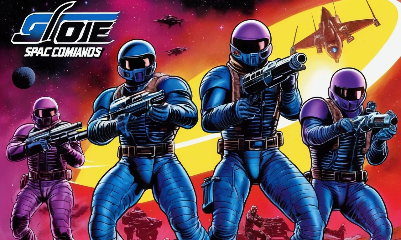 G.I. JOE Space Commandos (80s scifi space battle suits with rocket jet packs and using big guns) have a fire fight assaulting the COBRA moon base defended by evil agents (blue and purple color scheme, laser weapons, COBRA emblems), battle for the moon, chaotic battle, good vs. evil (priority, zoom far enough out to see the COBRA moon base)