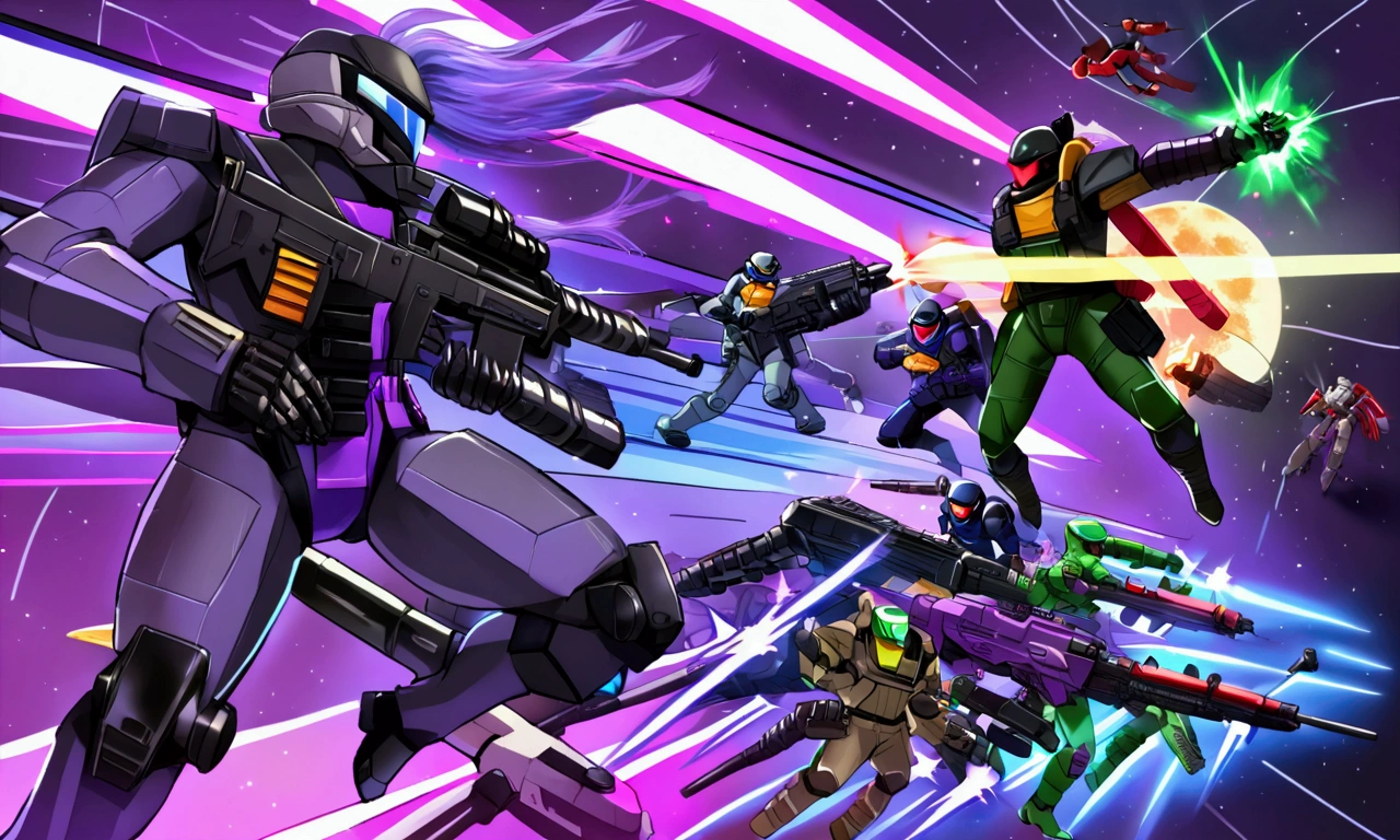 G.I. JOE Space Commandos (80s scifi space battle suits with rocket jet packs and using big guns) have a fire fight assaulting the COBRA moon base defended by evil agents (blue and purple color scheme, laser weapons, COBRA emblems), battle for the moon, chaotic battle, good vs. evil (priority, zoom far enough out to see the COBRA moon base)