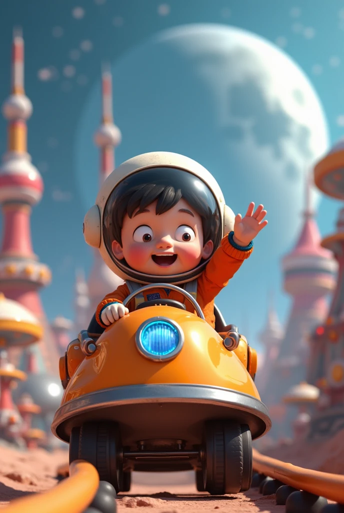 3D animation, theme is "Moon Base", a boy is enjoying the feeling of being active at the moon base while riding the Space Challenger roller coaster at the amusement park, the boy is cosplaying as an astronaut, comical scenes, heartwarming scenes, 8K quality