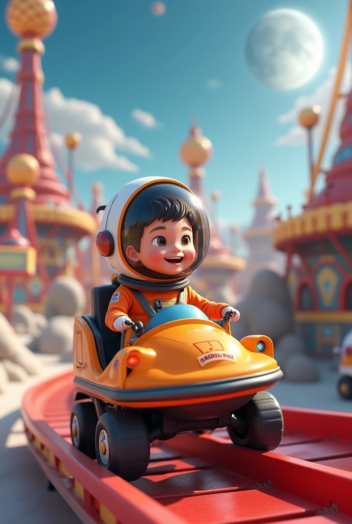 3D animation, theme is "Moon Base", a boy is enjoying the feeling of being active at the moon base while riding the Space Challenger roller coaster at the amusement park, the boy is cosplaying as an astronaut, comical scenes, heartwarming scenes, 8K quality