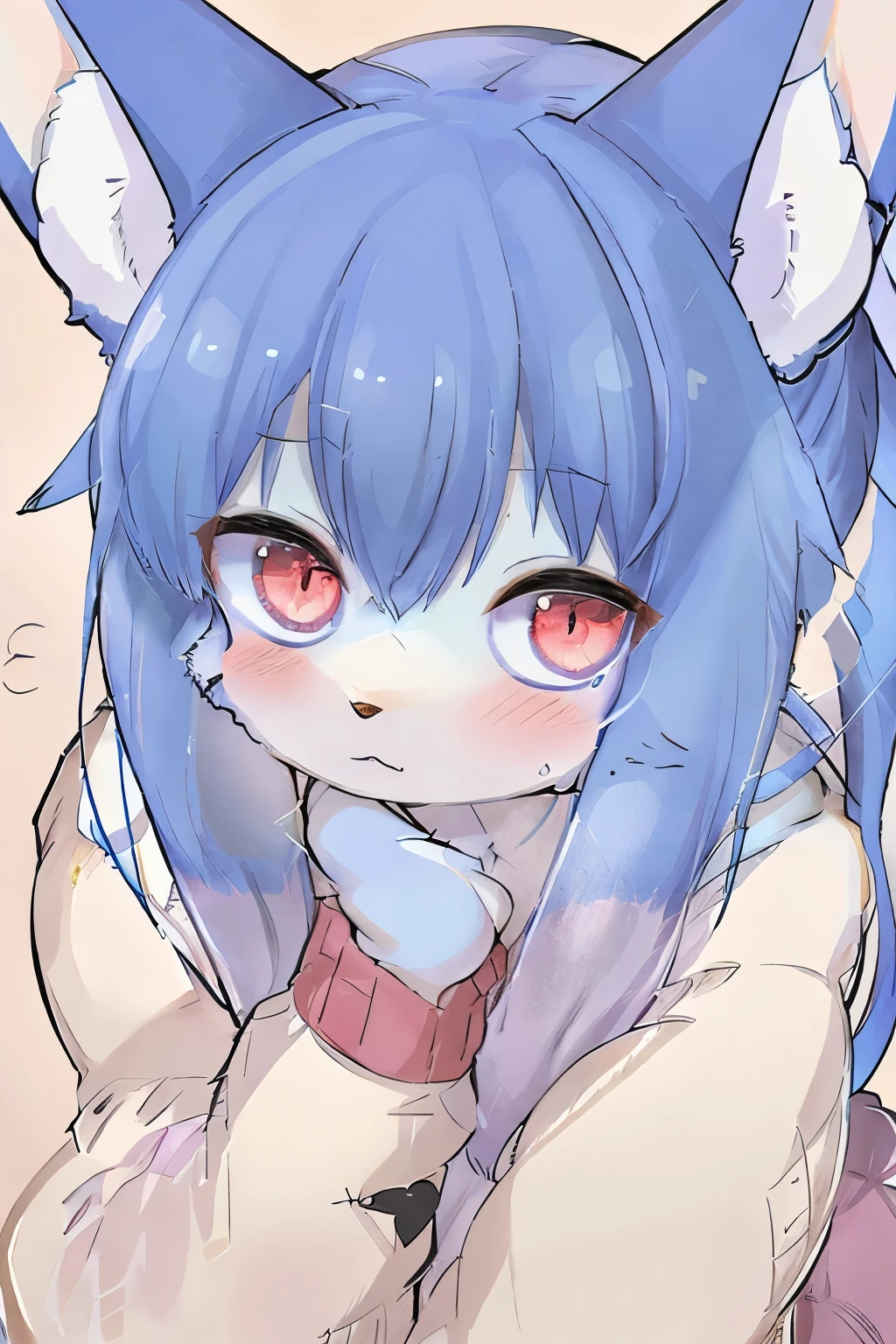 upper body, Long Hair, Slanted Eyes, take a closer look, {{furry}}, blush, (extreme close-up) Disheveled Hair, sleepy, hand between legs, opening slightly,