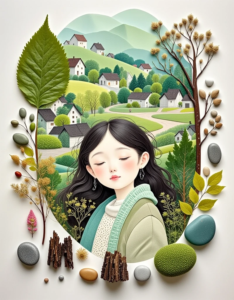 ((1swpth1)), A Chinese girl with long hair, wearing white and closed eyes in the center of an illustration in the style of Hsiao Ron Cheng. In her head is green trees, houses and people playing happily. A bird flies across her face. The background color should be a light emerald green. This artwork uses soft colors to create a dreamy atmosphere. It features an elegant posture, symmetrical composition, soft lighting, delicate brushstrokes, delicate facial expressions, natural scenery, and tranquility.