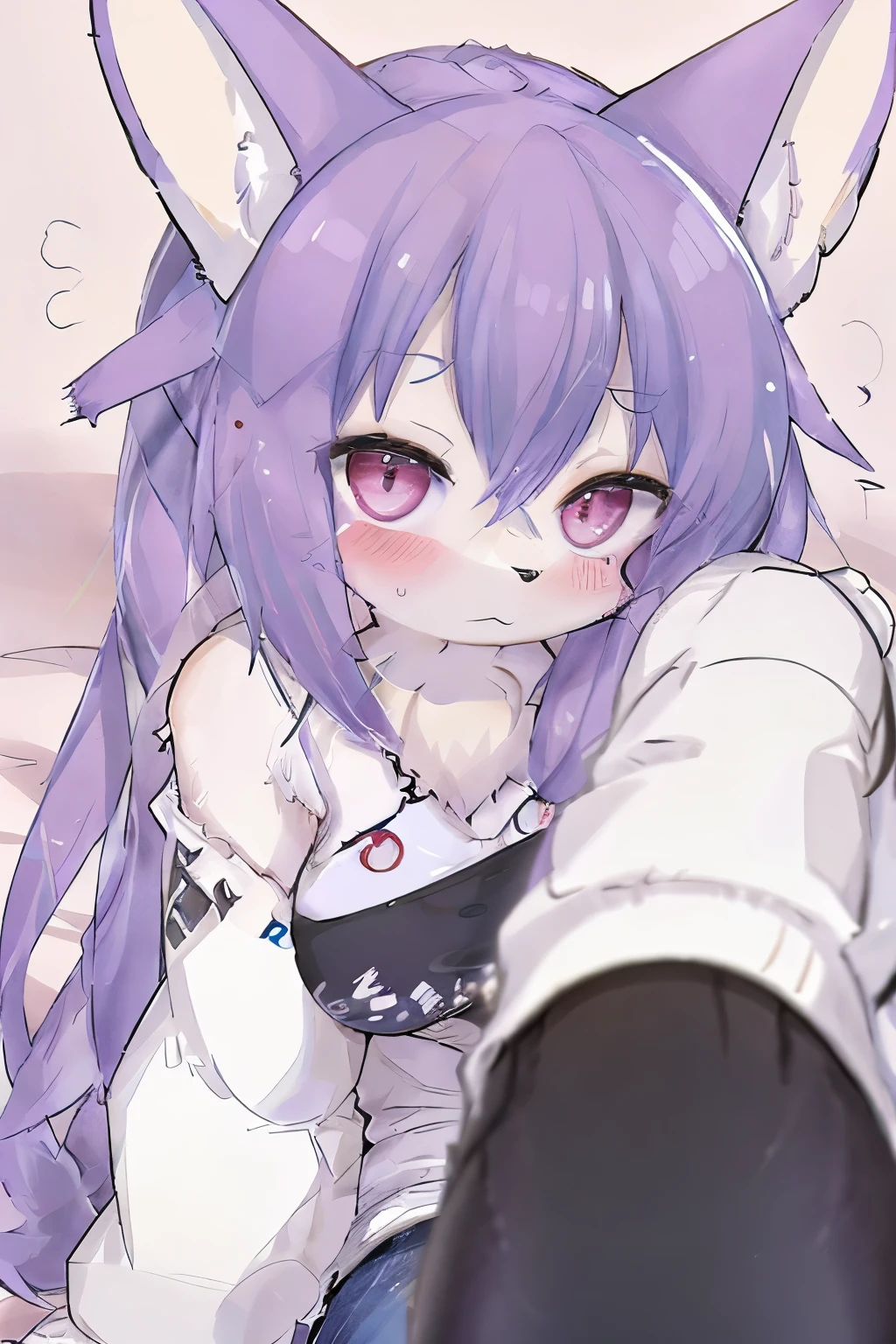 upper body, Long Hair, Slanted Eyes, take a closer look, {{furry}}, blush, (extreme close-up) Disheveled Hair, sleepy, hand between legs, opening slightly,