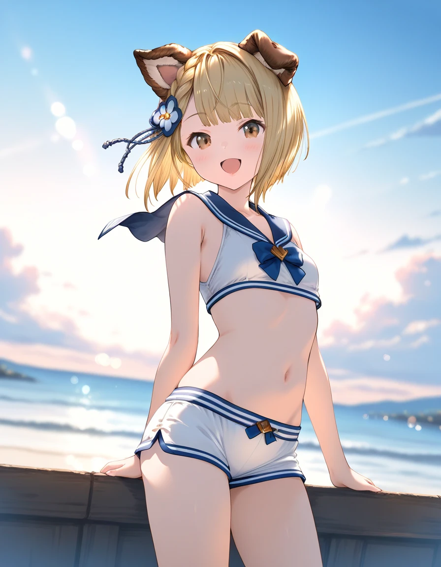 1girl, vajra_(granblue_fantasy), little female, short hair, blonde hair, dog ears, brown eyes, beautiful detailed eyes, small breasts,sailor crop top, bikini shorts, open mouth, outdoors, wind, game CG break,((artist:shida_kazuhiro)),(artist:mitsumi_misato),(artist:fujiyama),,(masterpiece), (best quality), (ultra-detailed), very aesthetic, newest, beauty illustration,super detailed skin,  (masterpiece), (best quality), (ultra-detailed), very aesthetic lighting,hi res,absurd_res,2023,2024,(shaded),digital media (artwork), realistic lighting, 4k, 8k,