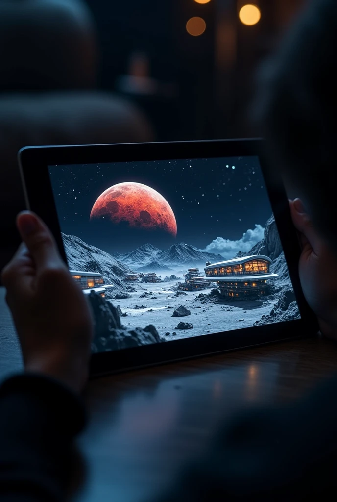 A dark room with a tablet displaying a futuristic lunar city, surrounded by stars and space, with a red Earth visible in the background. The atmosphere is mysterious and captivating, emphasizing the contrast between the dark interior and the bright, vibrant imagery on the tablet screen. The scene should convey a sense of wonder and exploration.