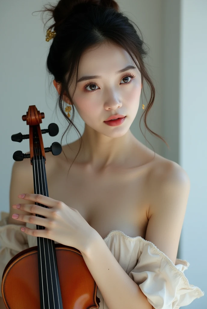 Alafide woman in an off-the-shoulder dress holding a violin, ,  beautiful Chinese model , 