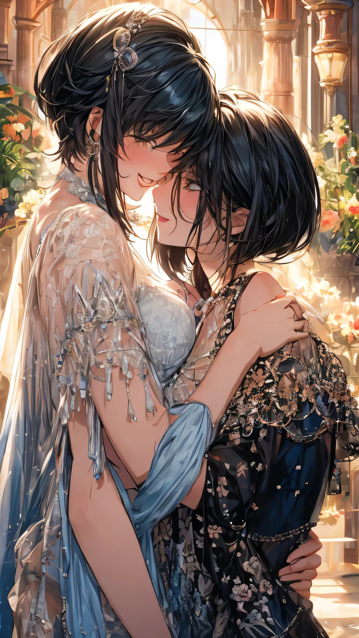 vibrant and whimsical, featuring a tall, short-haired woman smiling while kissing the forehead of a shorter, long-haired woman. The short-haired woman’s cold demeanor contrasts with the cheerful personality of the shorter woman. Their affectionate embrace is captured with warm colors and soft lighting, evoking a lighthearted, loving atmosphere.