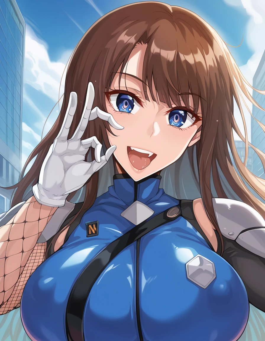  score_9,  score_8_up,  score_7_up,  score_6_up, masterpiece,  best quality,  source_Anime, Anime screencap, Aoi Nagisa, Break Solo,  1 girl, Kokawa Asuka,  brown hair, Long Hair,  blue eyes, bangs, prosthetic limb,  Big Breasts , ( Thai Man Insuit:1.1),  pink bodysuit , Gloves,  fishnet tights,  skinny,  covered nipple, Shiny clothes, BREAK looking at viewer, smile, , ( open your mouth, flap:1.2),  of steam rising from the body , saliva, (One-handed fellatio gesture:1.2), outside, city, close-up, throw,