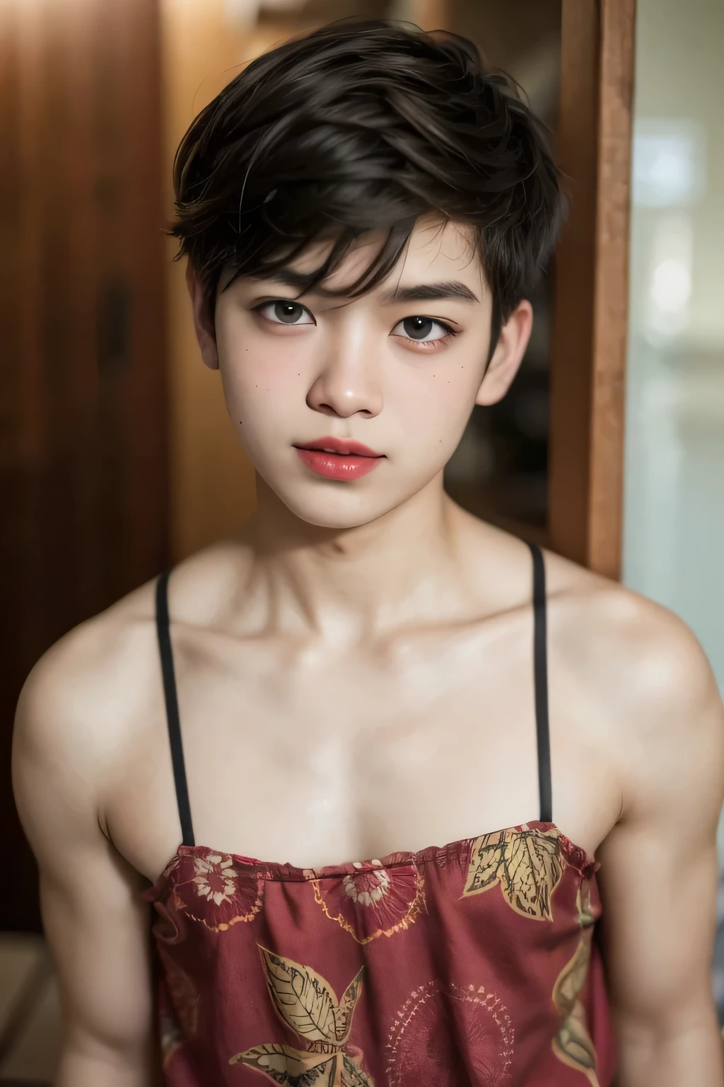 kecil Femboy berambut very Shorthaircut bogel, half body portrait. Highly detailed quality, naked flat breasts. thick (nipples thick:0.085), kain batik sarong & micro strapless bra, (red lipstick), half naked body, (Arm Muscles:1.15)