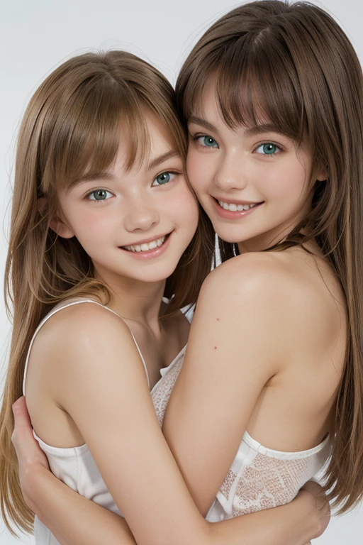  high definition ,  anatomically correct,  best quality,  high definition model ,  Very detailed,  textured skin,  smiles,(( Two beautiful girls hugging each other ))、 Ukrainian girl and Polish girl、 blonde semi-long hair 、 blonde medium haired 、 straight hair 、 emerald green eyes 、 simple background,  background blur , bangs,  Beautiful White Skin 、white small thin tank top 、 blush,  Big Breasts 、From the upper body、 close-up、 White and beautiful teeth、Stick cheeks together