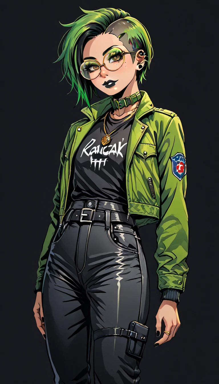 1boy; Androgynous; Japanese; Dark Green punk undercut hair; Gold eyes; freckled skin; toned,athletic body; Black lip gloss; Black eyeliner; Green eyeshadow; sharp Black nails;round glasses; Black tight shirt; Black Cargo pants; Green belt; Green Canvas Jacket; Black Combat Boots; Amber pendant; Green collar; pierced ears; GothMOONXL
