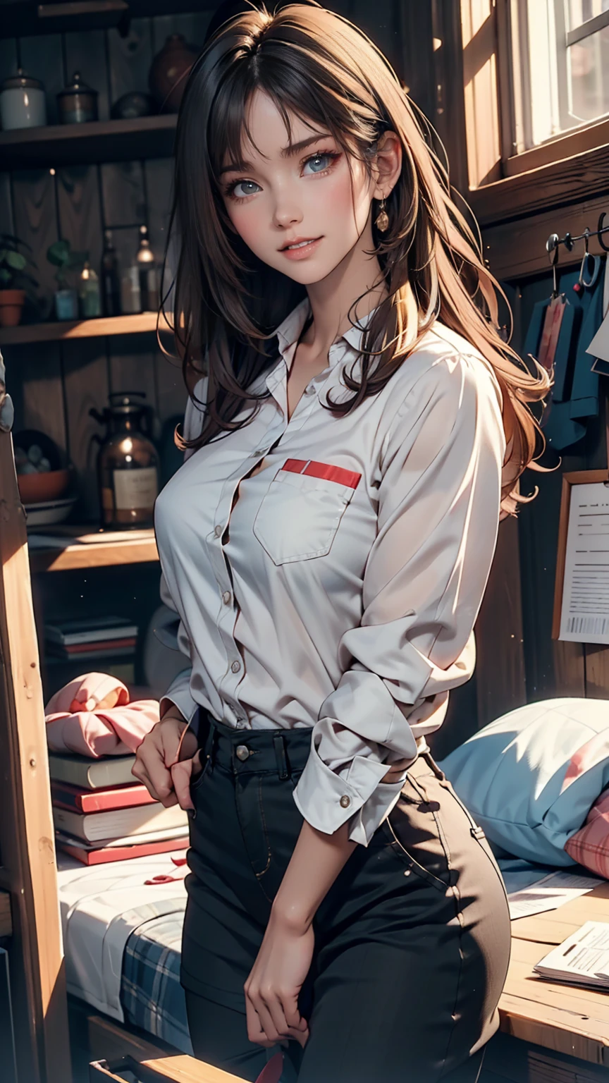  absurd determination ,  high definition , (masterpiece: 1.4),  super detailed,  dark-haired young woman dressed as a technician,  blushing and excited expression ,  I see 