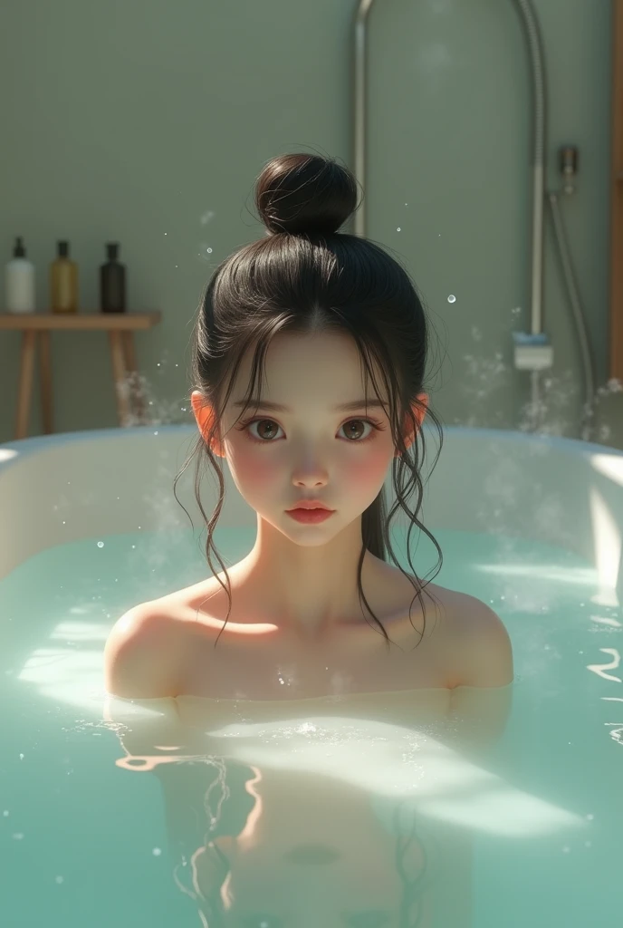 Woman in bathtub on blue background, painted in anime painter studio, In a Japanese anime style, made with anime painter studio, japanese bathhouse, inspired by Itō Shinsui, Onsen, In an anime style, japanese animation style, In anime style, inspired by Inoue Naohisa, japanese cartoon style, style in ghibli anime style