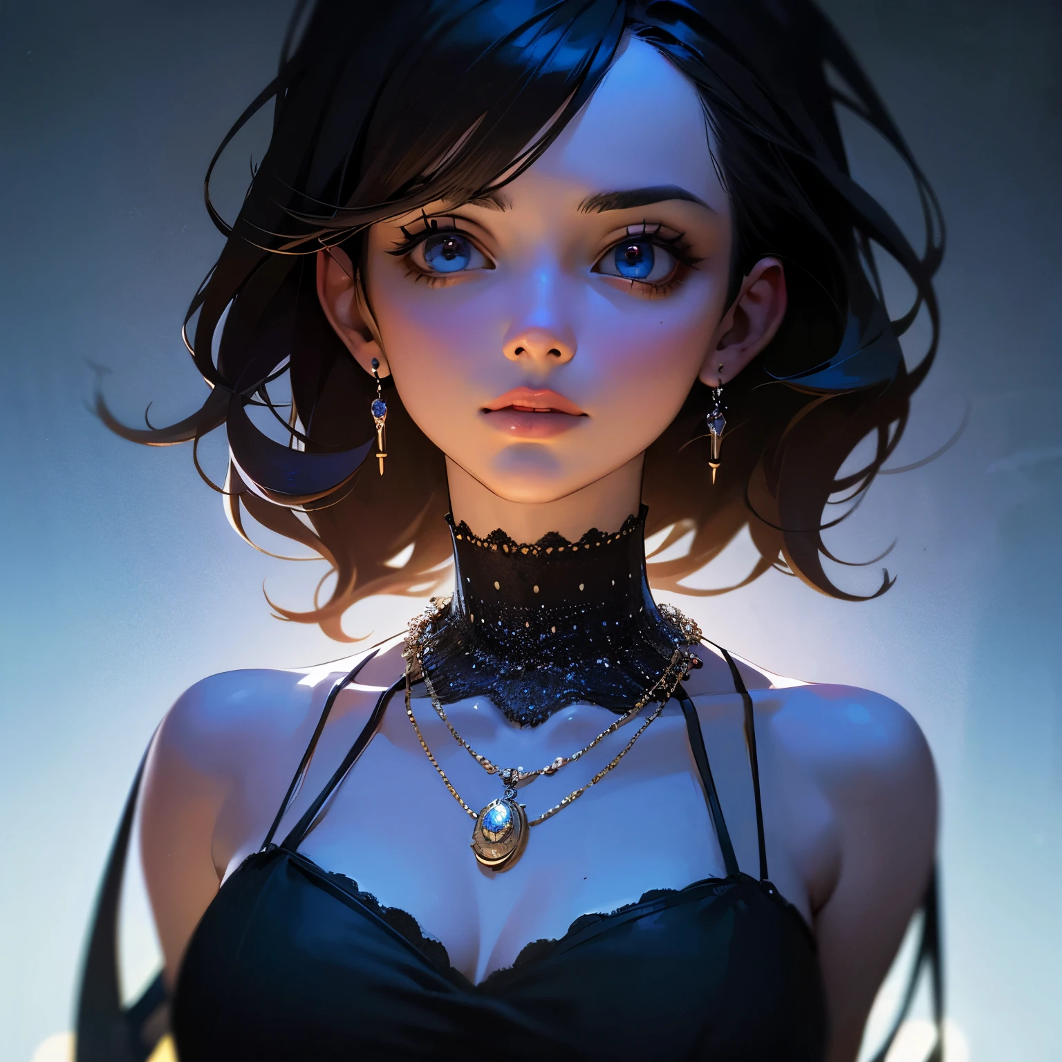 (masterpiece:1.2, highest quality), (Realistic, photoRealistic:1.4), Beautiful illustrations, (Natural Side Lighting, Cinema Lighting), 
Looking at the audience, Upper Body, (Front view), 1 girl, Perfect Face, Symmetrical cute face, Shiny skin, Baby Face, Long eyelashes, (Very small breasts:1.3), (Wide Hips:1.2),Shortcuts,
Beautiful Hair, Beautiful Face, Beautiful and beautiful eyes, Beautiful body, Beautiful breasts, Beautiful thighs, Beautiful legs, Beautiful fingers,
(Beautiful views),(Cute Smile:1.3, Superior), 18-year-old,Pale skin,Woman in black corset and goth hair, 1 girl, alone, Black Hair, short hair, ring,(earrings:1.5),(Punk Style:1.5),(Gothic Dress),(Black Lips:1.5),