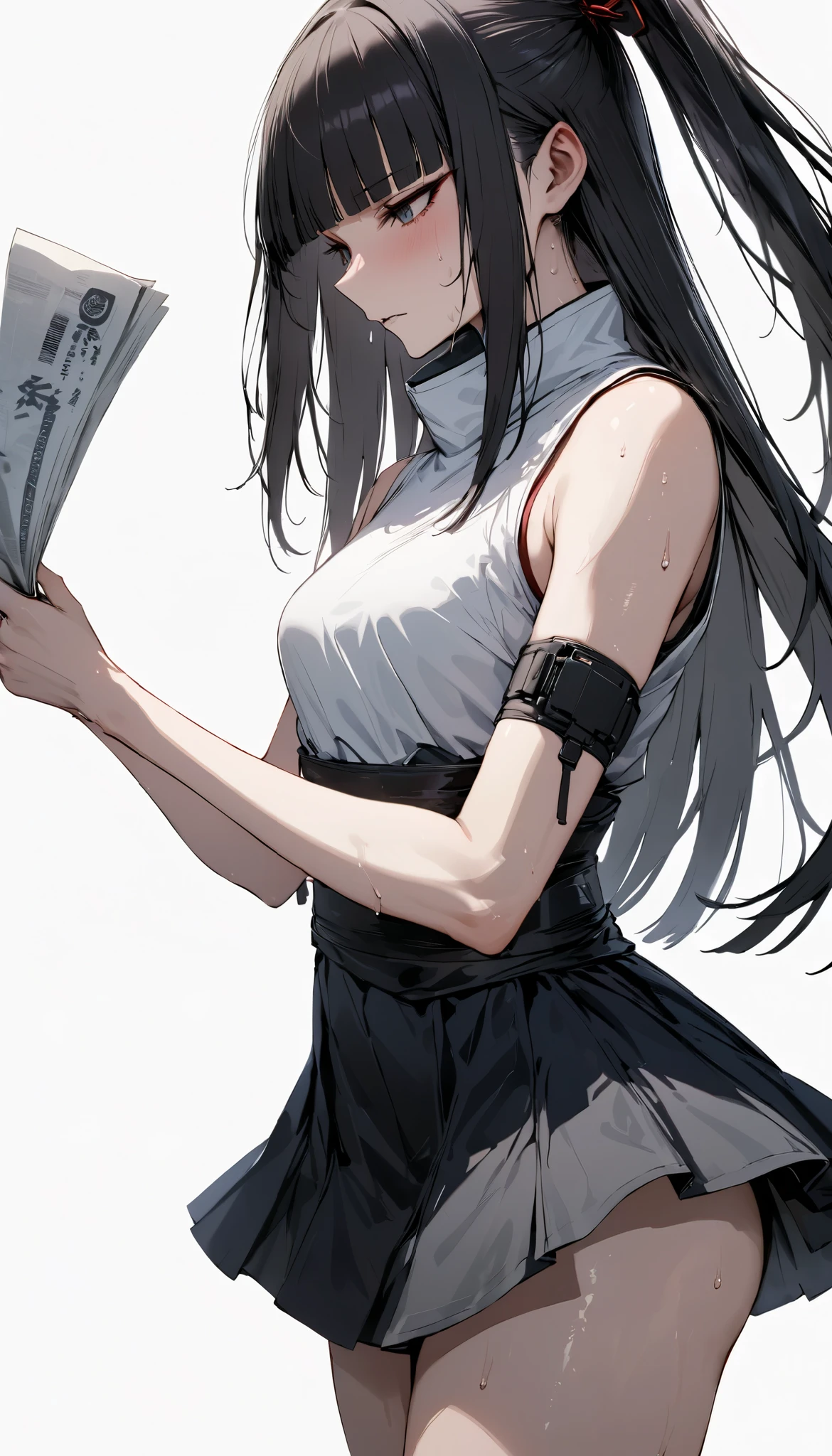 from side, Female demoness holding a bill in her hand,,Grab the bill with your fingers. hands holding bill, , {{masterpiece}}, {{{Highest quality}}},{{Very detailed}}, sleeveless miko dress, miniskirt, arm coverings,,,Straight hair,Long hair ,, blunt bangs,One bill,Beautiful thighs,Sweat, tension,(((white background))),girl,cyberpunk,