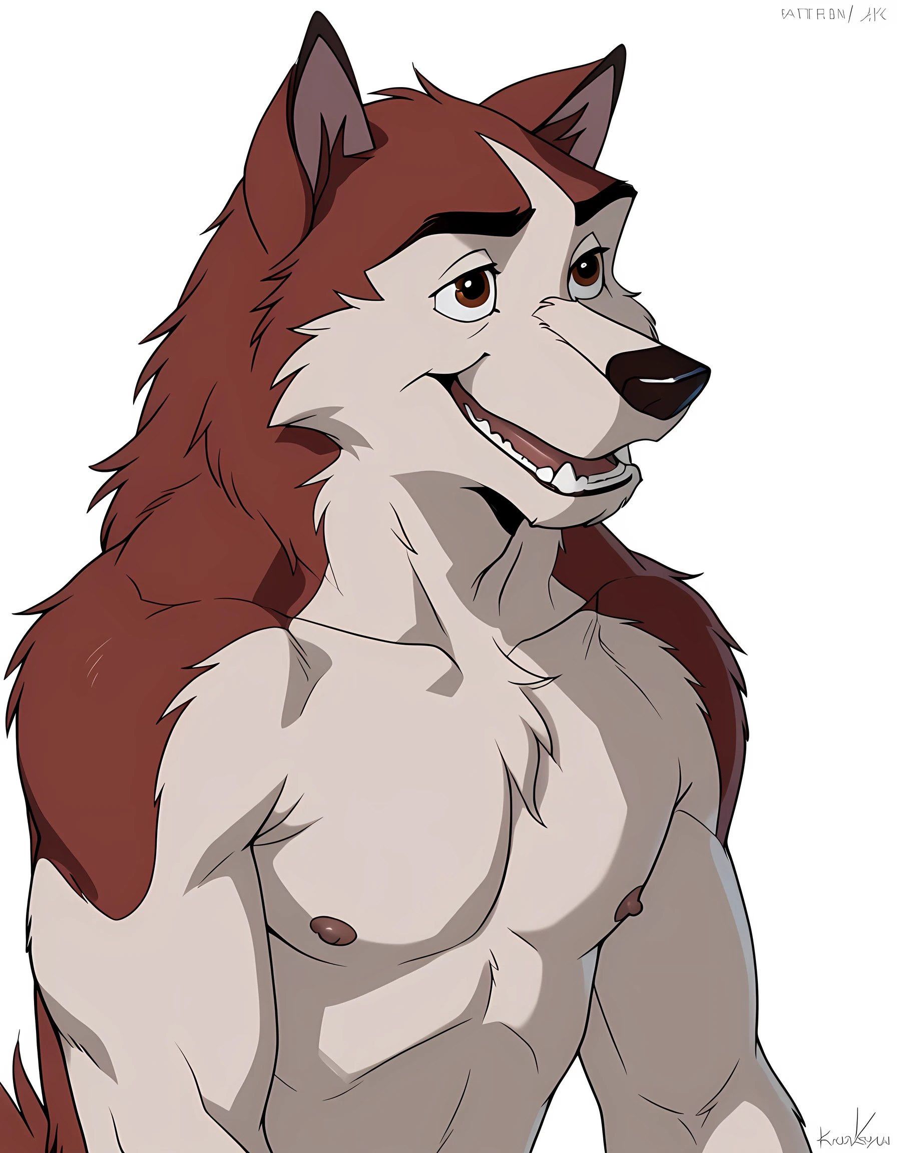 kodiak, husky, solo, detailed, detailed face, detailed eyes, anthro body, male, young adult, muscular, cartoon shading, cel shaded:1.0, flat colors, wearing (no background, white background):1.5, shirtless, wfa style, negger style, cartoony anatomy