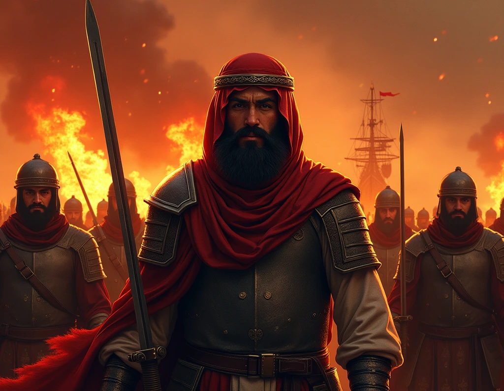 imagem arafed de um homem com roupa escura, luci (((cinematografic)))holding a flag in a courtyard, portrait of bedouin d&d, arabian samurai, Mogul Khan, picture of a male cleric, arab man, arabian, inspirado em Altoon Sultan, Directed by: Abdullah Gërguri, an arab standing watching over, Directed by: Mustafa Rakim