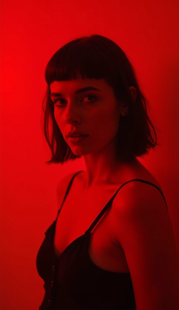 black hair, None, 1girl, Light pollution, red light, blue light, background, sling