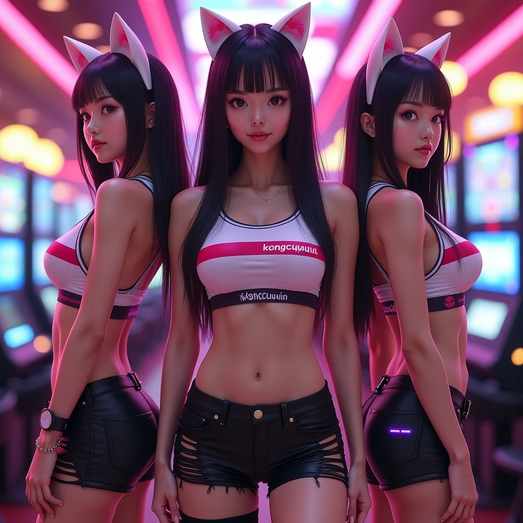 beautiful Mexican with cat ears, gigantic cleavage huge massive breasts, small waist, wide hips, skimpy sheer crop top and tight booty shorts, orange half jacket, tight sheer thigh high stockings, sneakers, cum on face and body , extremely long flowing hair, cyberpunk neon crowded subway, 8k,hd, intricate, photo realistic
