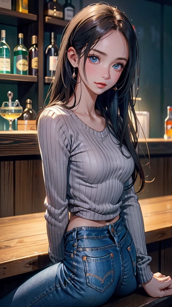 8k, best quality, realistic photos, realistic details, clear face, delicate facial features, real skin shine, a cute girl, shy, facing the camera, girl sitting in a bar in a gray fishnet sweater and tight denim, clear bar background, sea view, arms on bar counter, hips, slim body, big breasts, 24 years old, charming, seductive eyes