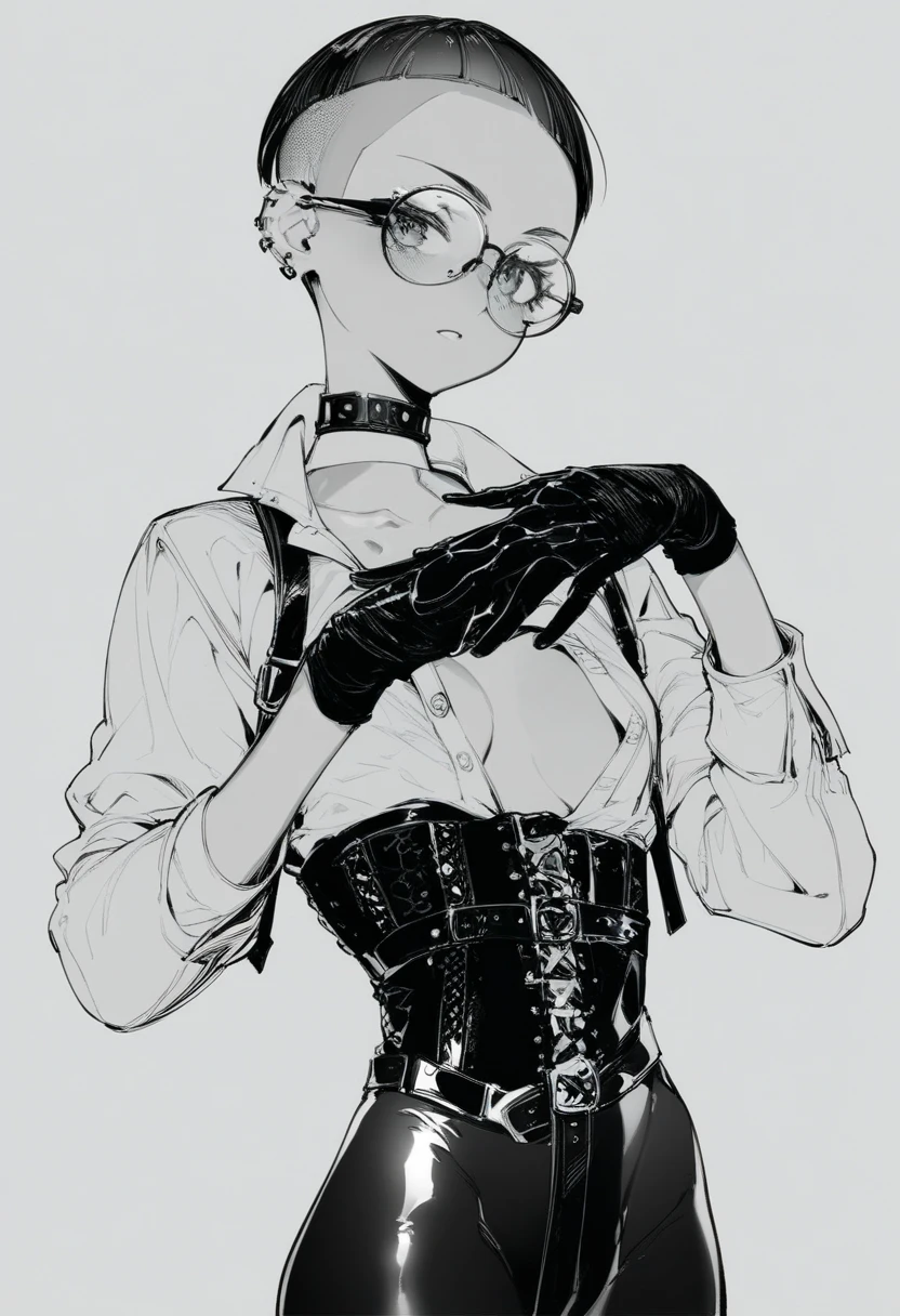 score_9, score_8_up, score_7_up, 1girl, solo, Hair: buzz cut, glasses, choker, (ong sleeve white collar buttoned shirt, black gloves, gloves covering hands, black leather corset, shiny black leggings, manga, monochrome, dekosukentr style
