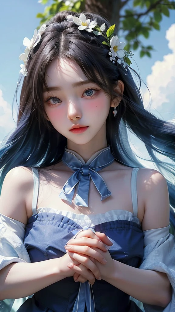 (masterpiece), ( top notch ), ( High Quality Details), (illustration), (1 woman), look at the viewer and focus on the , (Interview), beautiful and detailed eyes , delicate and beautiful face , Floating , (High saturation), (shining), blue sky, Bright and beautiful face, skin is young and radiant , 공정하고 shining, Best appearance , Very beautiful, big eyes shine with clear sky blue light, beautiful and amazing beautiful girl ,
