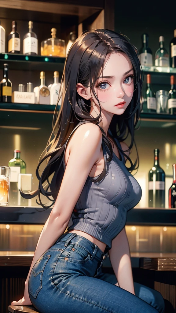 highest quality, 4K, one beautiful woman, beautiful big breasted woman, black haired woman, long hair woman、ponytail woman, ((Woman in dark blue tank top:1.3)), woman wearing white shorts、big smile, ((black knee socks))、stylish bar、Stylish wines are lined up on the liquor shelf