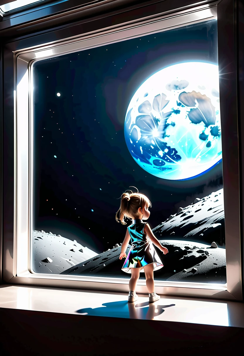 ((((Moon Base:1.5))、 Looking out from a Lunar Base Window :1.5))、((Chibi:1.5)), ((((Taken obliquely from behind :1.5、from behind:1.5)), side view:1.5, looking away:1.5)),  one girl, ((Top Models:1.5))、 best quality, masterpiece,  ultra high resolution, (Realistic:1.4),  RAW Photos,  complex details,  Big Beautiful Dark Emerald Eyes :1.5, Perfect Contour, masterpiece, Silky Long Hair,  ((forehead:1.5)), full lips:1.5, pink lips:1.5, gloss lips:1.5, parted lips1.5,  slim、Short stature:1.5、(flat chest:1.2, Firm Chest :1.2, High chest:1.5),  (( Extremely Soft and Relaxed High Neck Sleeveless Metallic Satin Bodysuit:1.5、 Highly Shiny Super Shine Iridescent Silver :1.5)), (( The Background Is Seen Through a Large Window Up to the Ceiling 、 Craters on the Moon 、Lunar probe:1.5))