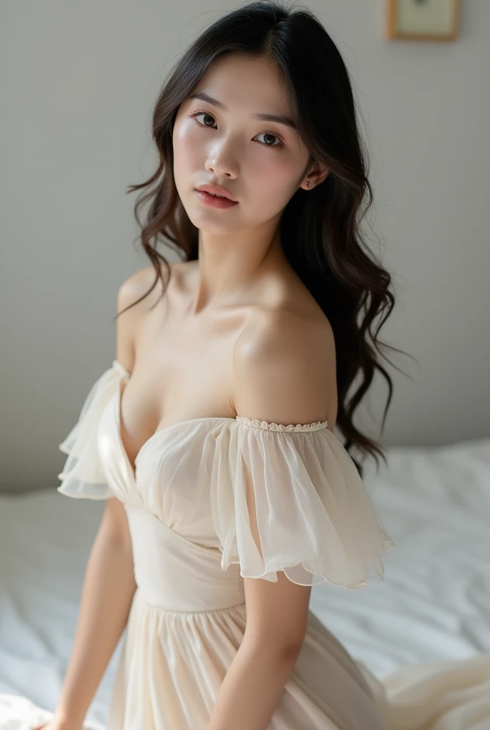 Beautiful model in an off-the-shoulder dress, Skin details，Graceful body movements