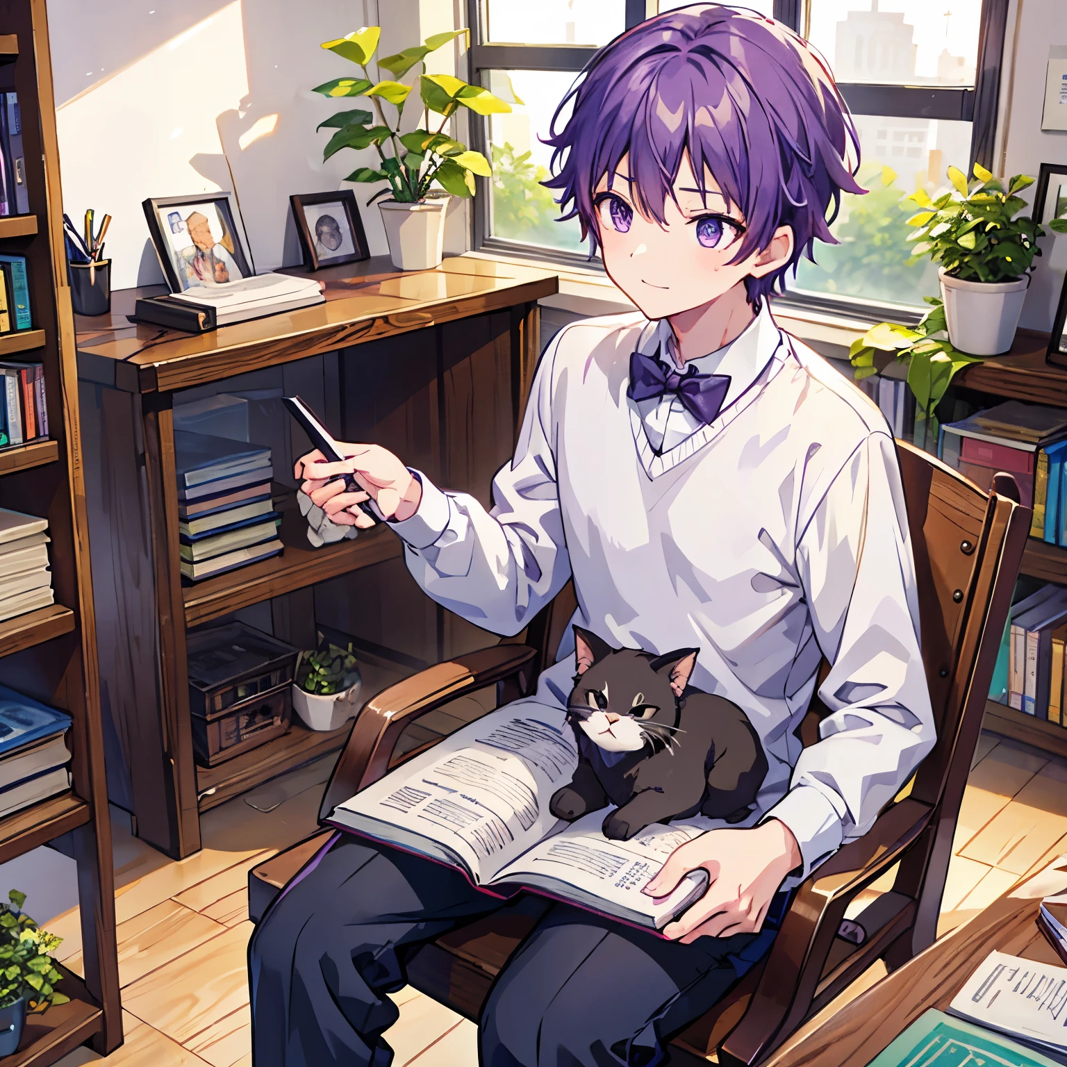  1 boy ，Purple Hair， Shorthair,  huge thighs ,   a wooden desk and a potted plant  .  A handsome young man wearing  , which adds a playful touch. Background,   there are books scattered around him  ,   is laughing with a book that comes to mind  {x}  creating a cozy studio atmosphere in the room, High Quality , Pictures,  pixiv illustration ， A black cat is sleeping on his lap 