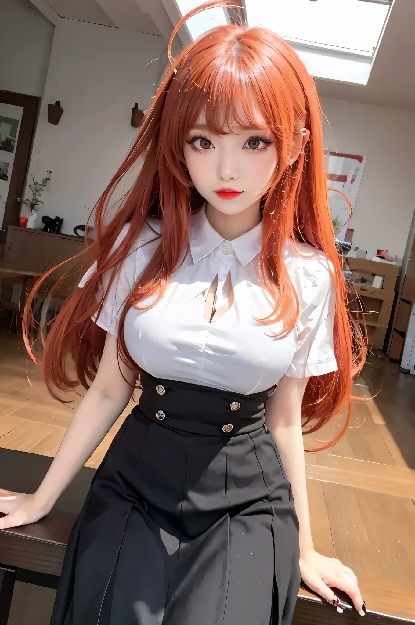Red hair, black ribbon, Masterpiece, best quality, CG, wallpaper, HDR, high quality, high-definition, extremely detailed, looking at viewer, smile, cute girl, ultra realistic, ultra detail, 70 mm lens